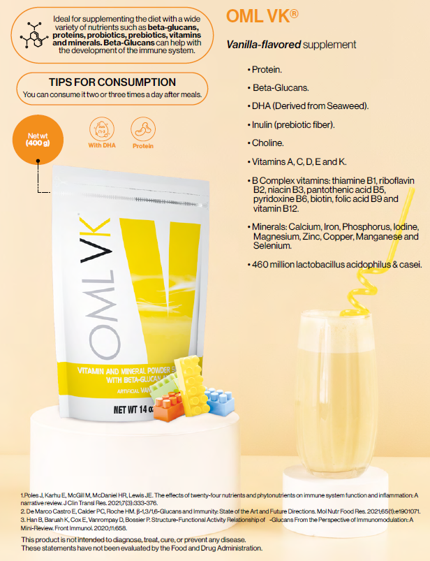 VK OML sabor vainilla, ¡Nutrición inteligente para tus hijos, desde el primer sorbo!